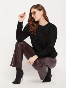 Madame Women Black & Green Colourblocked Woolen Pullover