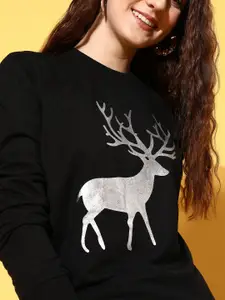 SASSAFRAS Women Black & Silver-Toned Graphic Printed Sweatshirt
