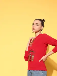 SASSAFRAS Women Red & Silver Toned Typography Printed Sweatshirt