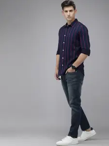 THE BEAR HOUSE Men Navy Blue Slim Fit Striped Casual Shirt