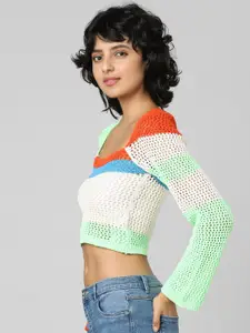 ONLY Women White & Red Colourblocked Colourblocked Crop Pullover Sweater