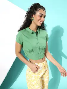 DressBerry Dark Ivy Green Pure Cotton Hollaback Casually Corset Crop Casual Shirt