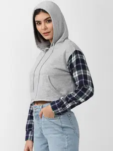 FOREVER 21 Women Grey Checked Hooded Crop Sweatshirt