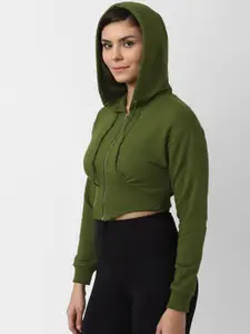 FOREVER 21 Women Green Solid Hooded Crop Sweatshirt