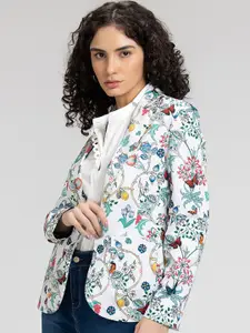 SHAYE Women White & Green Printed Single-Breasted Comfort-Fit Blazer