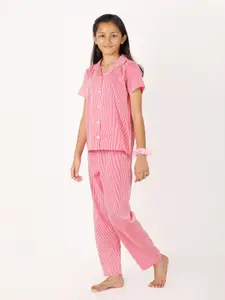 mackly Girls Red Striped  Pure Cotton Night suit