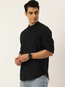 IVOC Men Black Solid Cotton Linen Kurta