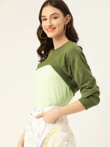 DressBerry Women Olive Green Solid Crop Sweatshirt