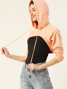 DressBerry Women Peach-Coloured Hooded Solid Crop Sweatshirt