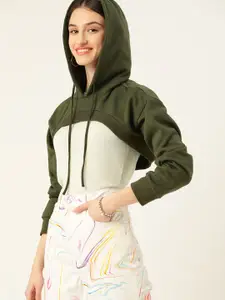 DressBerry Women Olive Green Hooded  Solid Crop Sweatshirt