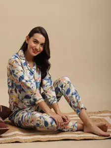 Claura Women Blue & Mustard Printed Nightsuit