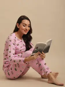 Claura Women Pink & Yellow Printed Pure Cotton Nightsuit