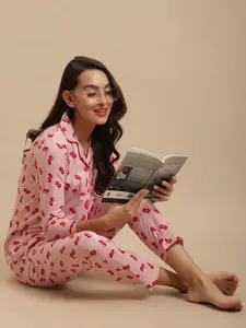 Claura Women Pink & Red Printed Pure Cotton Nightsuit