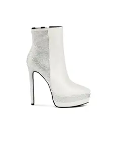 London Rag Women White Embellished  Pointed High-Heeled Winter Boots