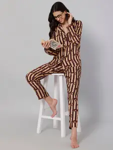 DRAPE IN VOGUE Women Brown & Beige Striped Night suit