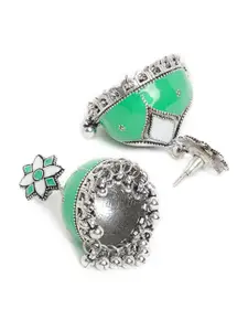 ZeroKaata Green & White Silver-Plated Meenakari Classic Jhumkas Earrings