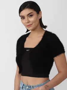 FOREVER 21 Women Black Crop Pullover with Fuzzy Detail
