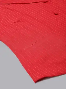 DEEBACO Women Red Striped Pure Cotton Double Breasted Blazer