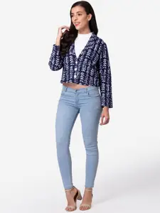 DEEBACO Women Blue & White Printed Pure Cotton Single-Breasted Casual Blazer