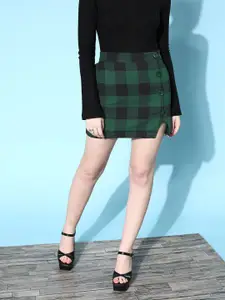 SASSAFRAS Women Green Flannel Checked Front Button A-Line Mini Skirt