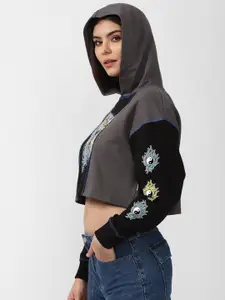 FOREVER 21 Women Grey & Black Printed Hooded Crop Sweatshirt