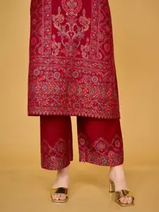 Safaa Women Maroon & Blue Woven Design Unstitched Dress Material