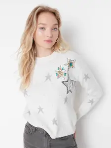Trendyol Women Off White Pullover with Embellished Detail