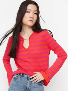 Trendyol Women Orange & Yellow Striped Pure Acrylic Pullover Sweater