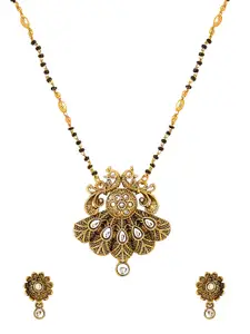 Yellow Chimes Women Black Gold-Plated Peacock Design Beads Mangalsutra With Earrings