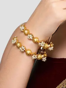 KARATCART Set Of 2 Gold-Plated& White Pearl Beaded Floral Rajwadi Design Bangles
