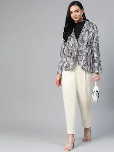 Jompers Women Black & White Printed Single-Breasted Casual Blazer