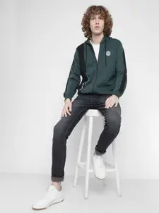 Octave Men Green Hooded Solid Fleece Sweatshirt