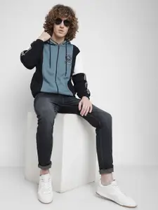 Octave Men Blue Colourblocked Hooded Fleece Sweatshirt