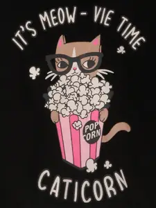 YK Girls Black Printed Hooded Fleece Sweatshirt