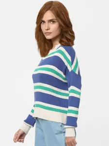 Vero Moda Marquee Collection Women Blue & White Striped Pullover Cotton Sweater