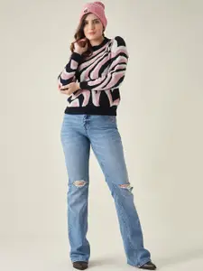 Modeve Women Pink & Black Abstract Printed Pullover