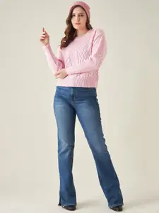 Modeve Women Pink Acrylic Cable Knit Pullover