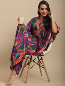 Claura Women Red & Blue Printed Kaftan Maxi Nightdress