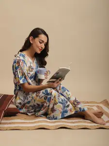 Claura Women Off White & Blue Floral Printed Kaftan Maxi Nightdress