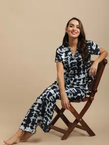 Boston Club Women Navy Blue & White Printed Nightsuit