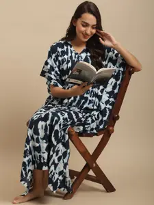 Boston Club Women Navy Blue Printed Kaftan Nightdress