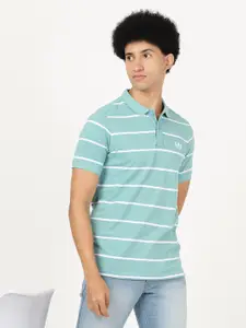 Lee Men Sea Green & White Striped Polo Collar Slim Fit Cotton T-shirt