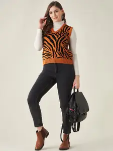 Modeve Women Orange & Black Animal Acrylic Sweater Vest