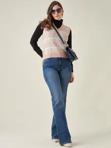 Modeve Women Peach-Coloured & Purple Acrylic Cable Knit Sweater Vest