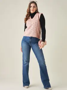 Modeve Women Peach-Coloured Acrylic Cable Knit Sweater Vest