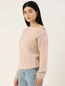 Madame Women Peach-Coloured Self Striped Pullover with Fuzzy Detail