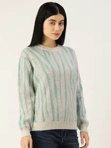 Madame Women Grey & Blue Self Design Animal Pattern Pullover