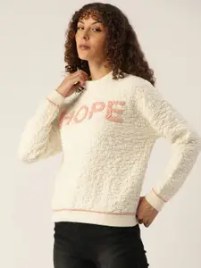 Madame Women Off White & Peach-Coloured Typography Pullover