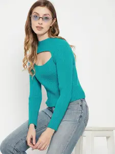 Madame Women Blue Ribbed Round Neck Crop Pullover