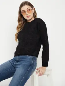 Madame Women Black Acrylic Pullover with Fuzzy Detail